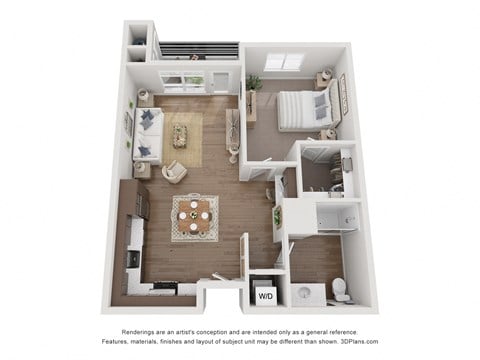 Floor plan for 1 bed, 1 bath, 697 sqft